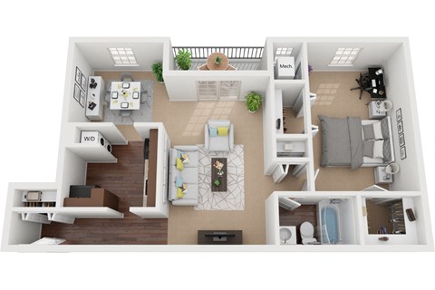 Floor plan for 1 bed, 1 bath, 882 sqft